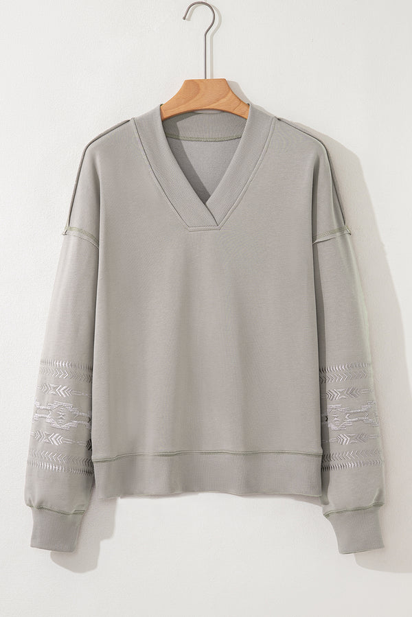 Parchment Aztec Embroidered Western V Neck Sweatshirt