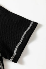 Black Waffle Textured Contrast Trim V Neck Tee