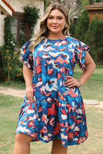 Blue Abstract Print Shirred Ruffled Short Sleeve Tiered Plus Size Mini Dress