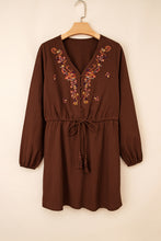 Burgundy Floral Embroidered Tassel Tie Waist Long Sleeve Mini Dress