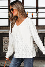White Twisted Rib Patchwork Embroidered Loose V Neck Long Sleeve Top