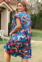 Blue Abstract Print Shirred Ruffled Short Sleeve Tiered Plus Size Mini Dress