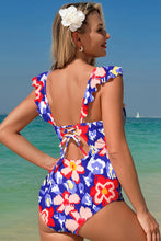 Pink Floral Ruffle Trim V Neck Lace-up Back Tummy Control One Piece Swimsuit