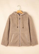 Pale Khaki Fleece Zip Up Drawstring Hooded Pocketed Jacket