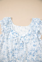 Pink Floral Ruffled Short Sleeve Bow Back Square Neck Blouse