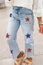 Beau Blue Patriotic Sequin Stars Patch Pocket Shift Jeans