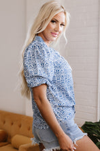 Blue Floral Striped Print Contrast Ric-rac Puff Sleeve Top