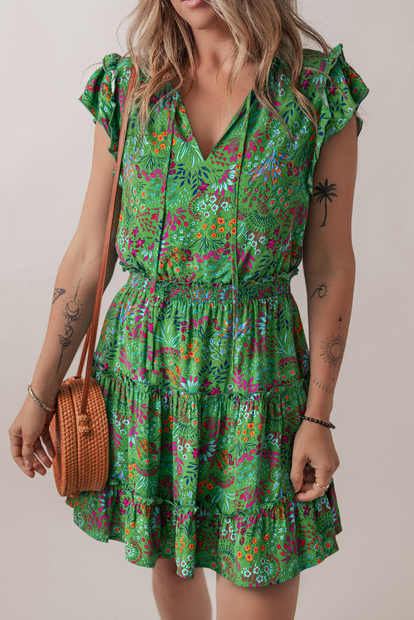 Green Floral Tie Split Neck Frilly Ruffle Trim Tiered Short Dress