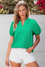 Bright Green Textured Puff Short Sleeve Notched V Neck Top