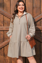 Khaki Stripe Zip up Collared Puff Sleeve Ruffled Plus Size Mini Dress