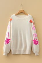 Simply Taupe Embroidered Floral Sleeve Round Neck Loose Sweater