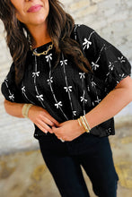 Beige Bow Print Puff Short Sleeve Top