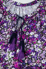 Purple Boho Flower Split V Neck Bubble Sleeve Blouse with colorful floral pattern and tassel detail.