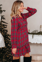 Red Plaid Shirt Collar Half Button Ruffle Hem Long Sleeve Mini Dress