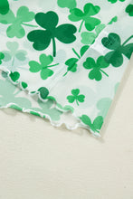 Green Lucky Shamrock Lettuce Trim High Neck Mesh Long Sleeve Top