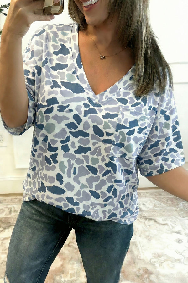 Gray Camouflage Print Single Chest Pocket V Neck Tee