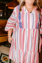 White Stripe Plus Size Embroidered Detail Flared 3/4 Sleeve V Neck Dress