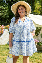 Sky Blue Floral Print Collared V Neck Ric-rac Trim Plus Size Mini Dress