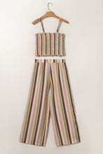 Multicolour Vertical Striped Smocked Cami Top Wide Leg Pants Set