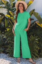 Bright Green Solid Corded Knit Short Sleeve T Shirt and Wide Leg Pants Set