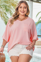 Four Leaf Clover Textured Half Sleeve V Neck Plus Size T Shirt with Chest Pocket