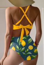 Blue Crossed Straps Twisted Tropical Print Knot Side High Waist Bottom 2pcs Swimsuit