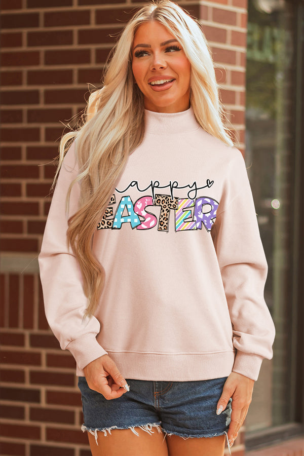 Apricot Pink Happy Easter Playful Letter Printed Sweatshirt