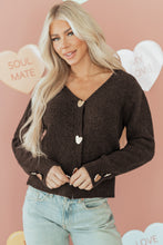 Chicory Coffee Heart Metal Button V Neck Cardigan Sweater