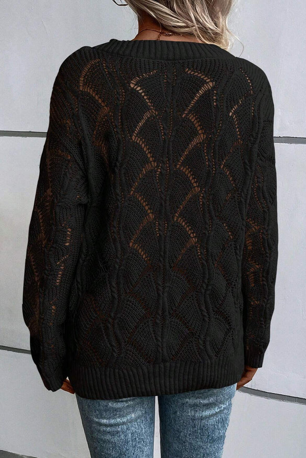 Back view of Black Hollow Out Knit V Neck Drop Shoulder Sweater showcasing its intricate knit design.