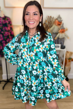 Green Floral Tiered Long Puff Sleeve Shirt Dress
