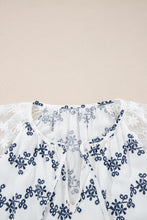 Blue Lace Patchwork Floral Bubble Sleeve V Split Neck Blouse