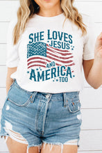 White She Loves Jesus and America Flag Graphic Tee