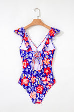 Pink Floral Ruffle Trim V Neck Lace-up Back Tummy Control One Piece Swimsuit