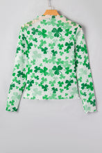 Green Lucky Shamrock Lettuce Trim High Neck Mesh Long Sleeve Top