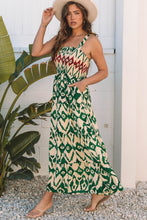 Green Western Aztec Shirred A-line Sleeveless Maxi Dress