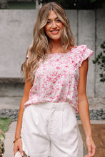 Pink Floral Ruffled Short Sleeve Bow Back Square Neck Blouse