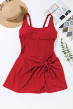 Black U Neck Adjustable Straps Knotted Skirt Patchwork One Piece Swimsuit