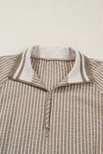 Khaki Stripe Zip up Collared Puff Sleeve Ruffled Plus Size Mini Dress