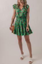 Green Floral Tie Split Neck Frilly Ruffle Trim Tiered Short Dress