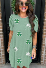 Mint Green Sequin Clover Graphic Puff Sleeve Corded T Shirt Dress
