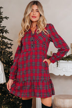 Red Plaid Shirt Collar Half Button Ruffle Hem Long Sleeve Mini Dress
