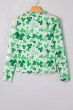 Green Lucky Shamrock Lettuce Trim High Neck Mesh Long Sleeve Top