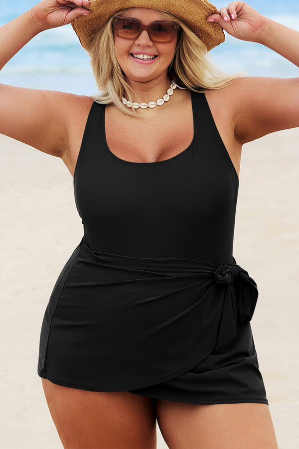 Black Solid Color Square Neck Knotted Plus Size One Piece Swimsuit