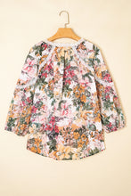 Pink Floral Print Lace Embroidery Tie Split Neck Long Sleeve Blouse