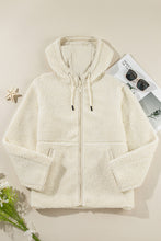 Beige Fleece Zip Up Drawstring Hooded Pocketed Jacket