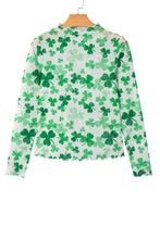 Green Lucky Shamrock Lettuce Trim High Neck Mesh Long Sleeve Top