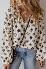 White Printed Split Neck Bubble Sleeve Loose Blouse