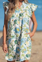 Beige Floral Print V Neck Triple Ruffle Short Sleeve Shift Mini Dress