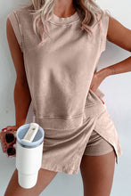 Light Pink Solid Color Washed Sleeveless Top Split Skort Cotton 2pcs Outfit