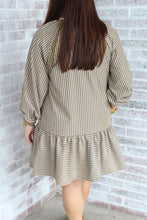 Khaki Stripe Zip up Collared Puff Sleeve Ruffled Plus Size Mini Dress